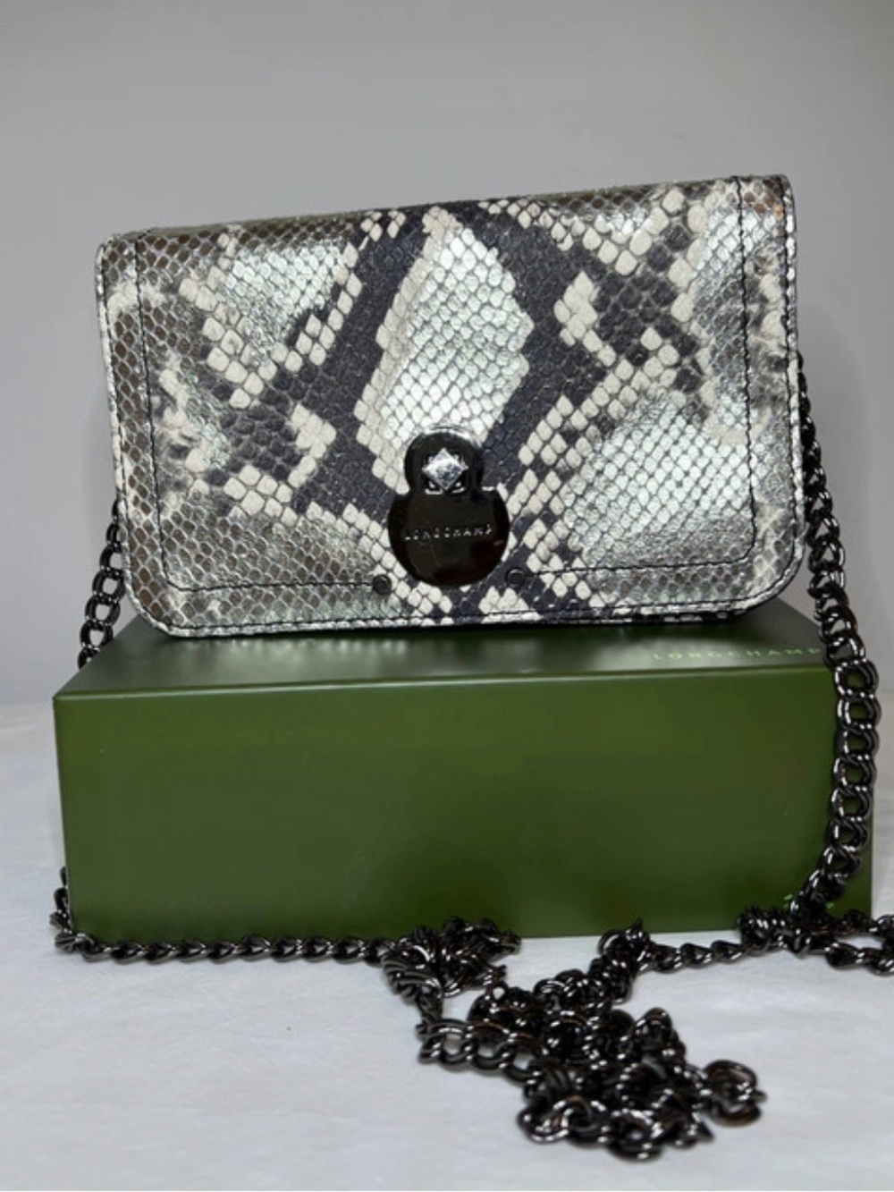 Longchamp Silver and gray Snake-Print Bag on Chain